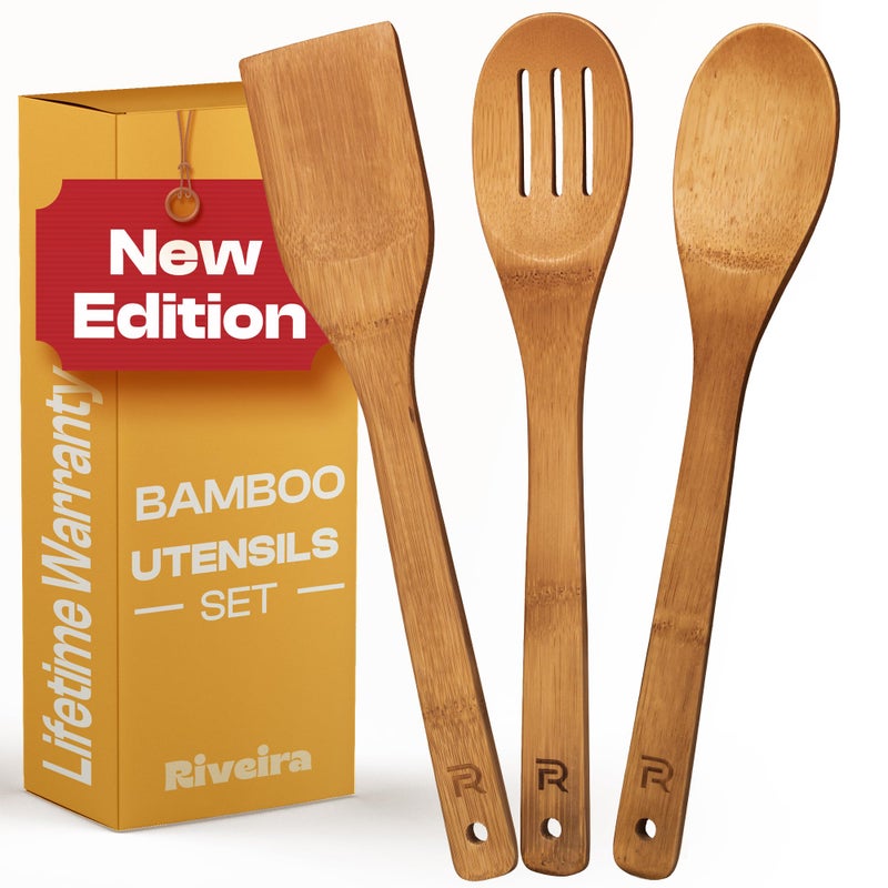 Riveira Dark Bamboo Wooden Spoons for Cooking 3-Piece  Apartment Essentials Wood Spatula Spoon Nonstick Kitchen Utensil Set Premium Quality Housewarming Gifts for Everyday Use - Image 1